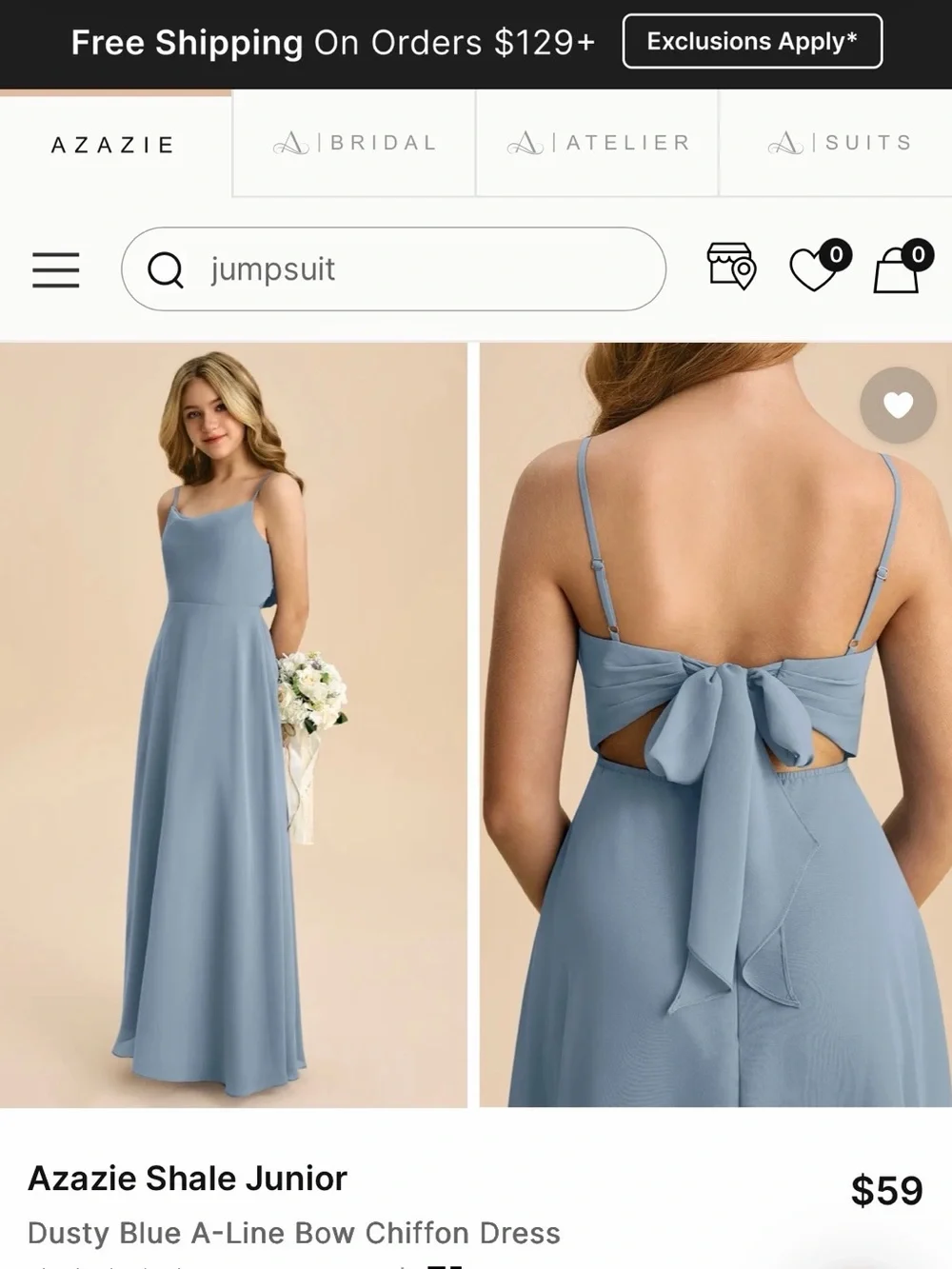 Azazie Shale Dusty Blue Chiffon A-Line Dress with Back Bow
